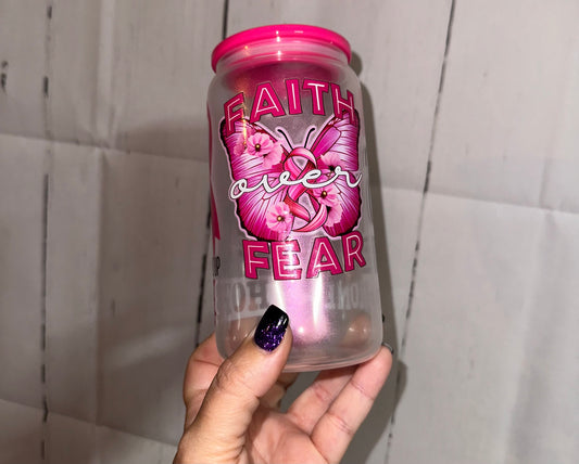 FAITH OVER FEAR 16oz Glitter GLASS CUP