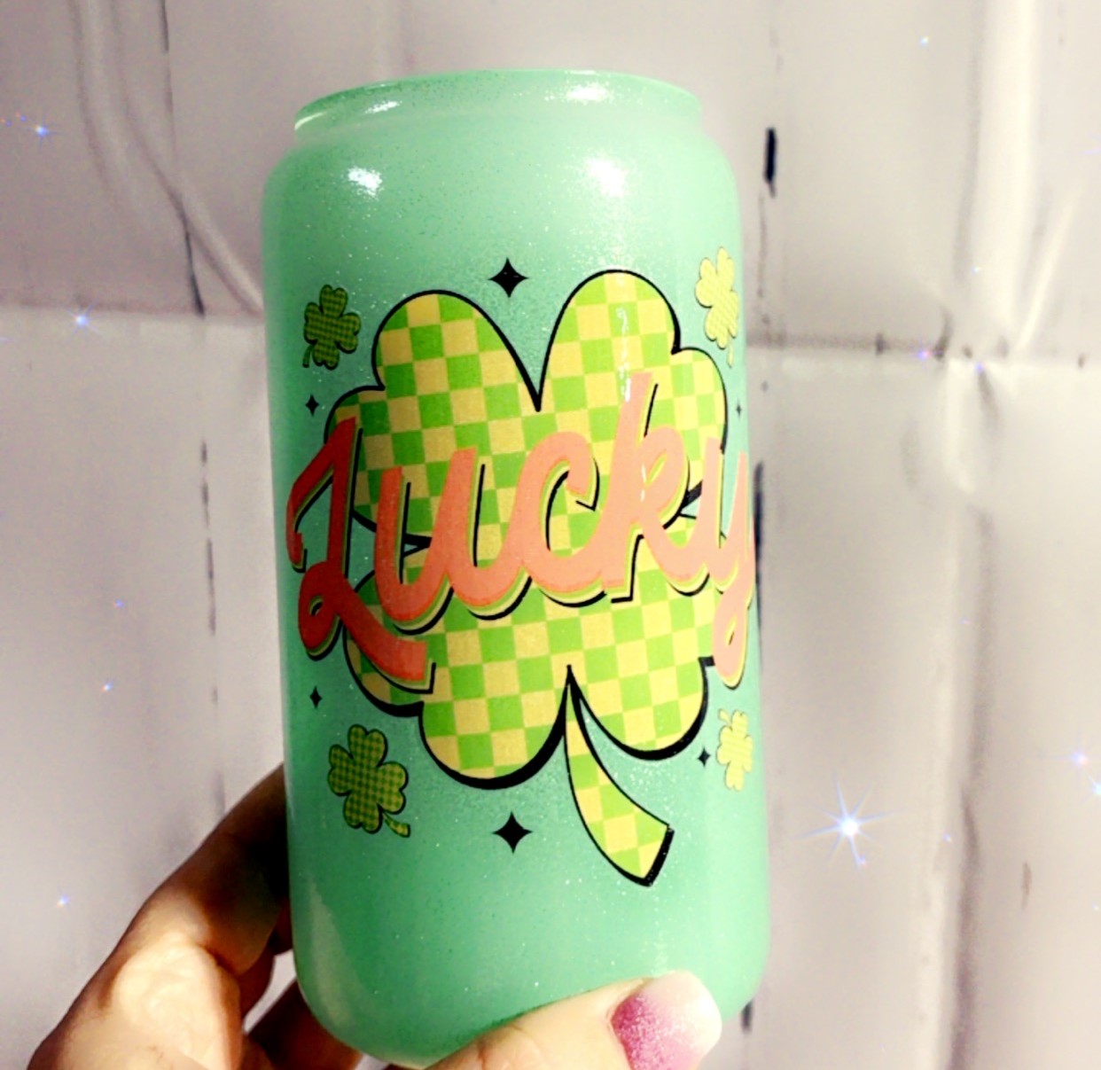 green glitter lucky 16oz cup