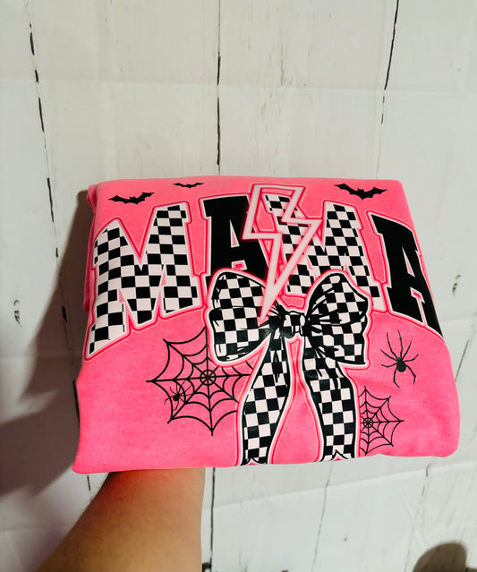 Mama neon Spider Checkered Bow Sweater